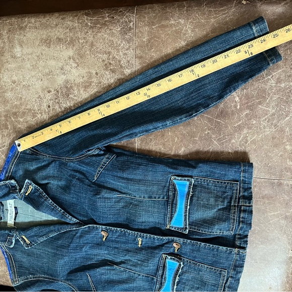 Jean Jacket Women Medium Blue Sunset Portrait Fitted Long Sleeve Denim Button Up - Picture 11 of 11